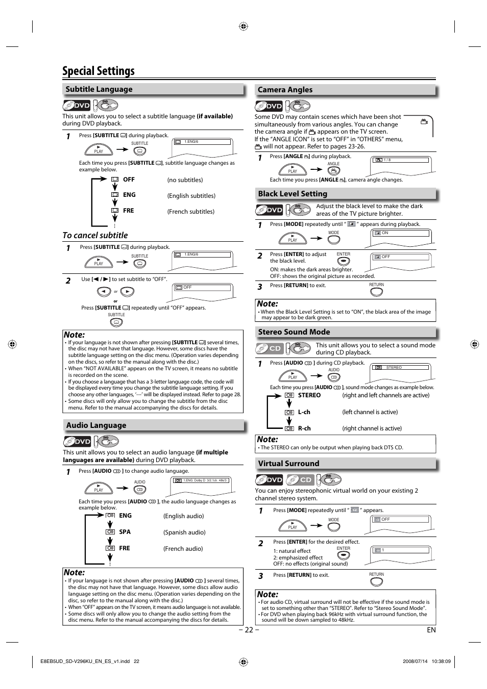 Special settings, Subtitle language, Camera angles | Stereo sound mode, Black level setting, Virtual surround, Audio language | Toshiba DVD Video Player/Video Cassette Recorder SD-V296KU User Manual | Page 22 / 36