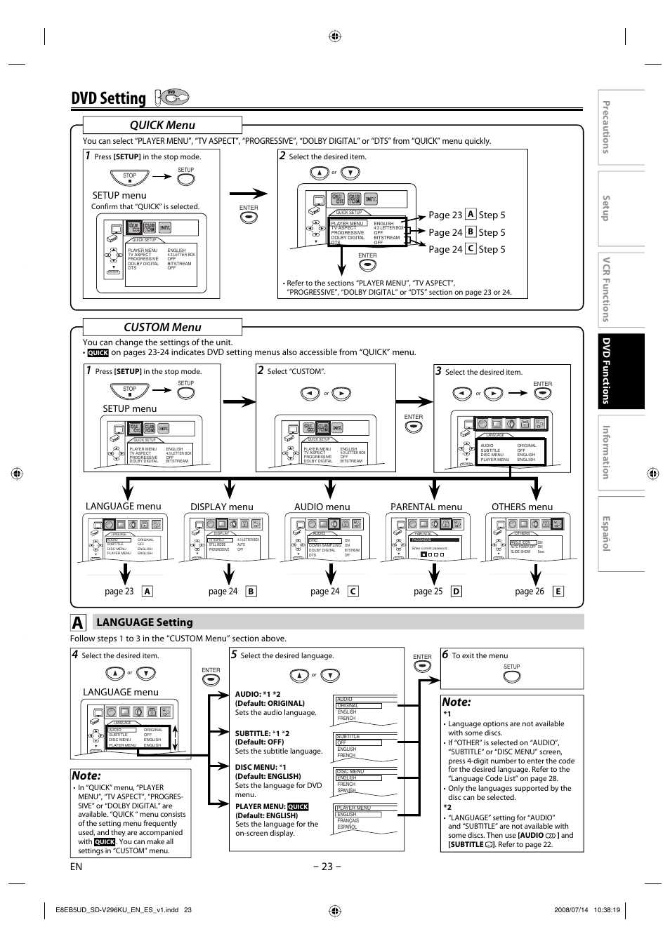 Dvd setting, Quick menu, Custom menu | Language setting, Language menu, Page 24, Page 26 parental menu page 25, Setup menu, Page 23, Step 5 page 24 | Toshiba DVD Video Player/Video Cassette Recorder SD-V296KU User Manual | Page 23 / 36