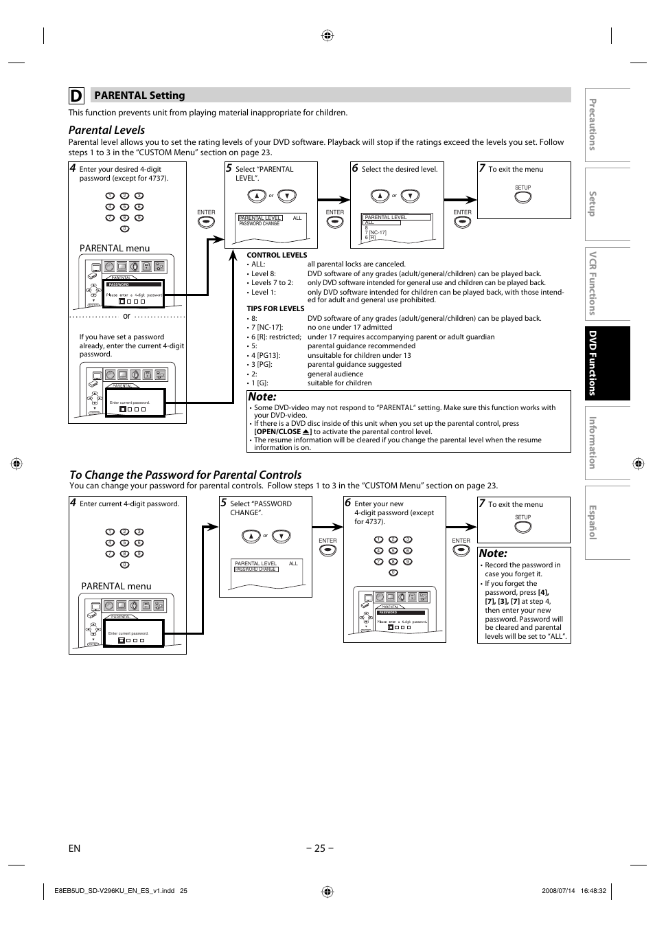 Parental levels, Parental setting, Parental menu | Or parental menu | Toshiba DVD Video Player/Video Cassette Recorder SD-V296KU User Manual | Page 25 / 36