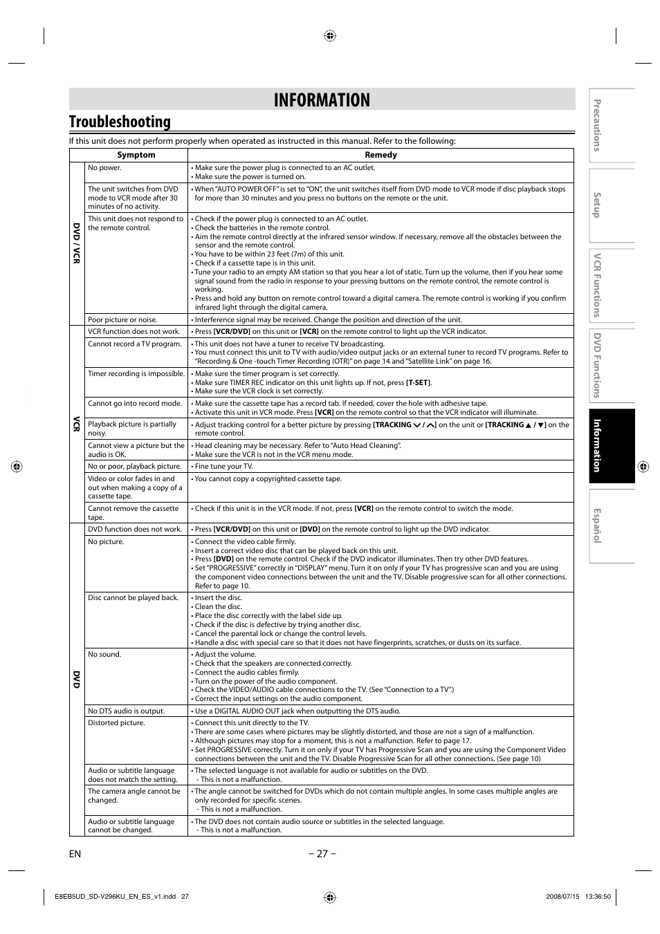 Information, Troubleshooting | Toshiba DVD Video Player/Video Cassette Recorder SD-V296KU User Manual | Page 27 / 36