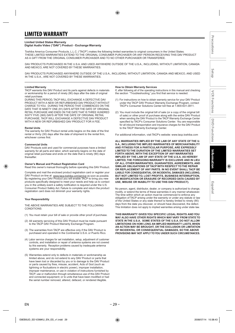 Limited warranty | Toshiba DVD Video Player/Video Cassette Recorder SD-V296KU User Manual | Page 29 / 36