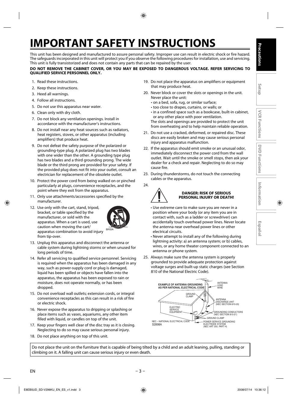 Important safety instructions | Toshiba DVD Video Player/Video Cassette Recorder SD-V296KU User Manual | Page 3 / 36