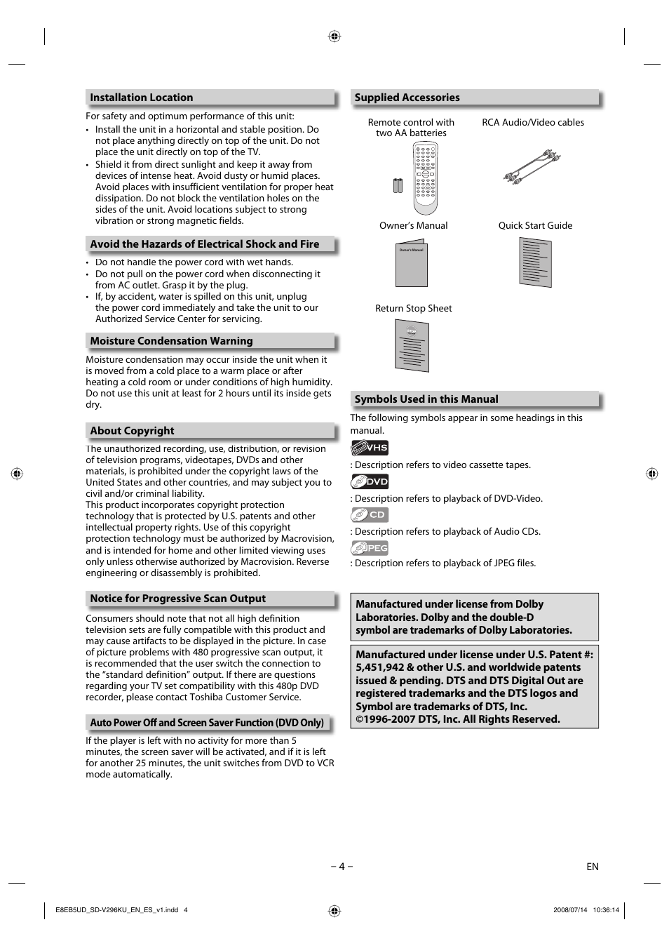 Toshiba DVD Video Player/Video Cassette Recorder SD-V296KU User Manual | Page 4 / 36