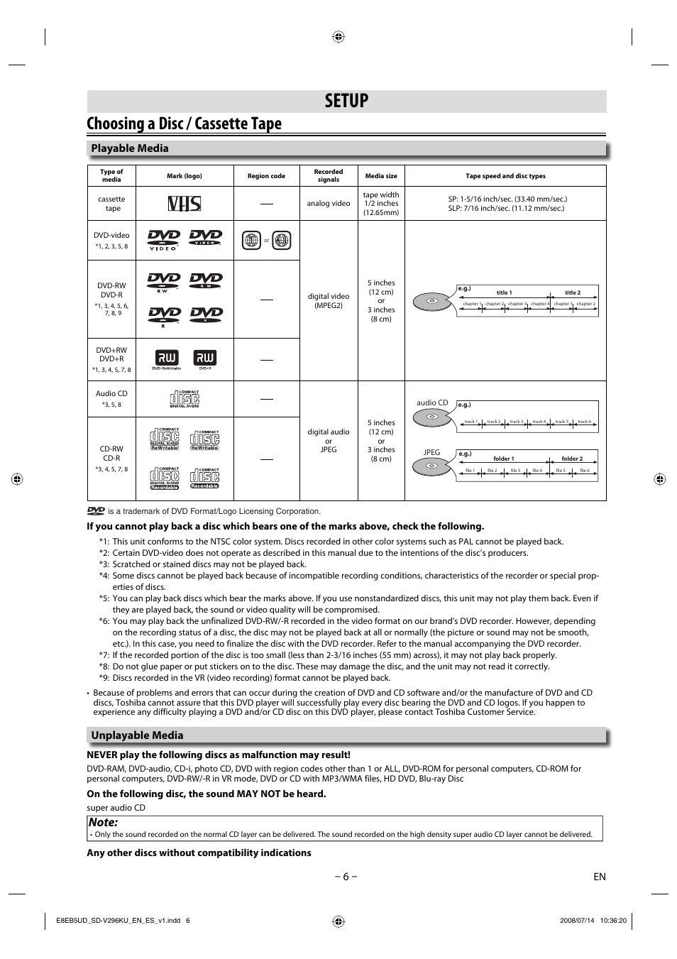 Setup, Choosing a disc / cassette tape, Playable media unplayable media | On the following disc, the sound may not be heard | Toshiba DVD Video Player/Video Cassette Recorder SD-V296KU User Manual | Page 6 / 36