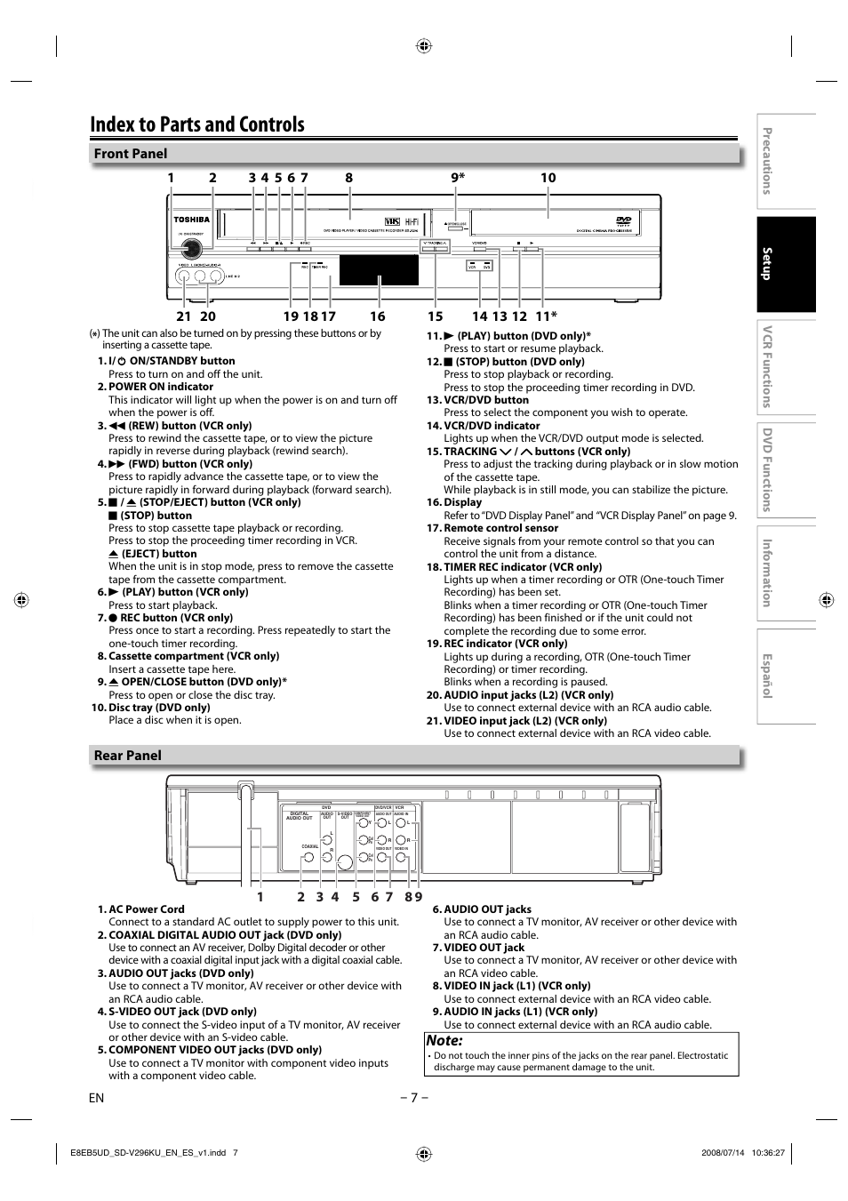 Index to parts and controls, Front panel | Toshiba DVD Video Player/Video Cassette Recorder SD-V296KU User Manual | Page 7 / 36