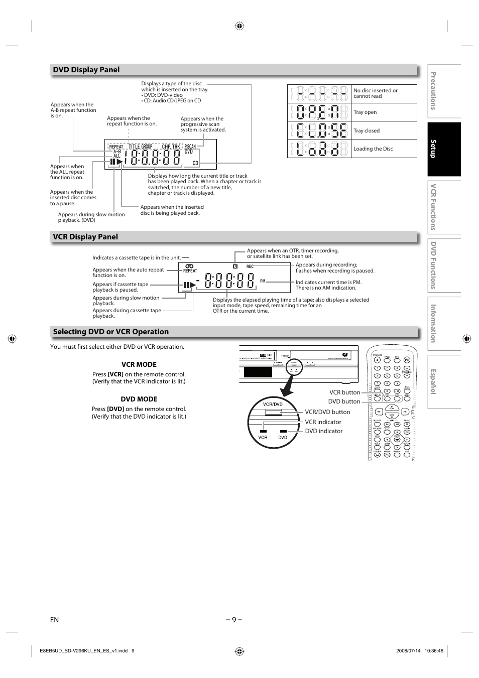 Dvd display panel, Selecting dvd or vcr operation, Vcr display panel | Toshiba DVD Video Player/Video Cassette Recorder SD-V296KU User Manual | Page 9 / 36