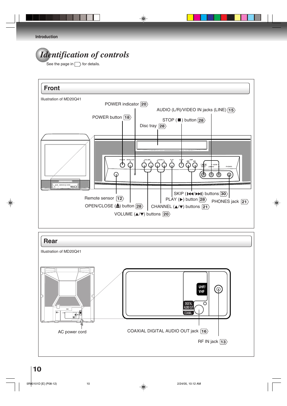 Identification of controls, Front rear | Toshiba MD13Q41 User Manual | Page 10 / 52