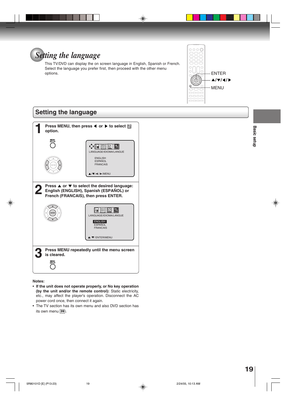 Setting the language | Toshiba MD13Q41 User Manual | Page 19 / 52