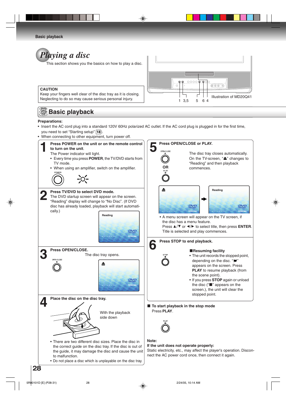 Playing a disc, Basic playback | Toshiba MD13Q41 User Manual | Page 28 / 52