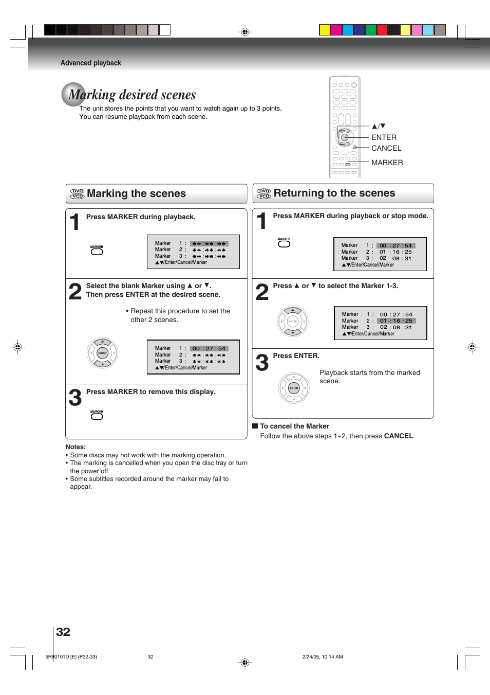 Marking desired scenes, Marking the scenes returning to the scenes | Toshiba MD13Q41 User Manual | Page 32 / 52