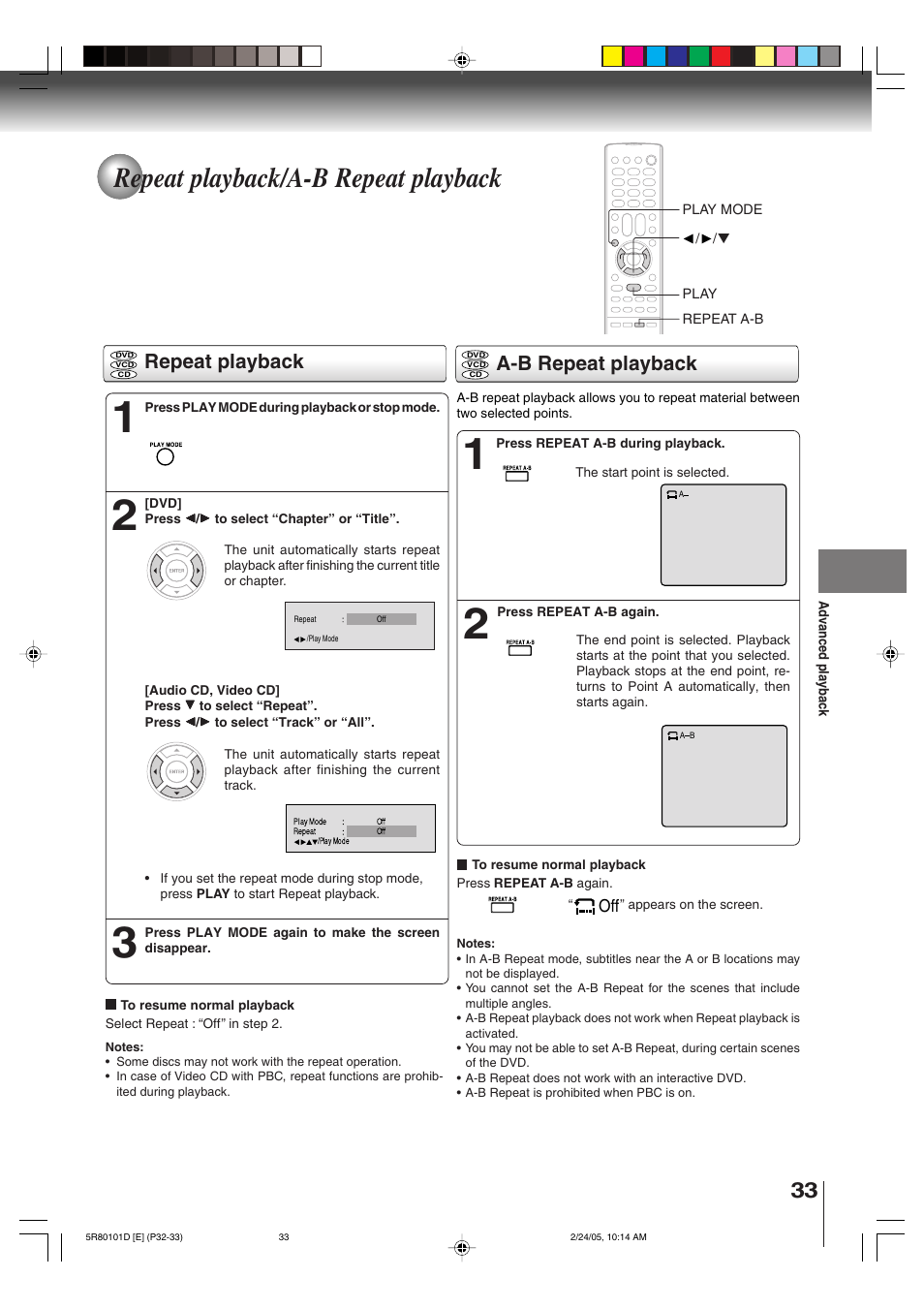 Repeat playback/a-b repeat playback, Repeat playback a-b repeat playback | Toshiba MD13Q41 User Manual | Page 33 / 52