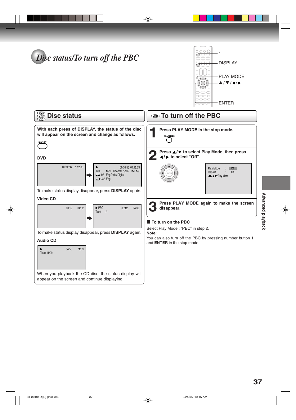 Disc status/to turn off the pbc, Disc status | Toshiba MD13Q41 User Manual | Page 37 / 52