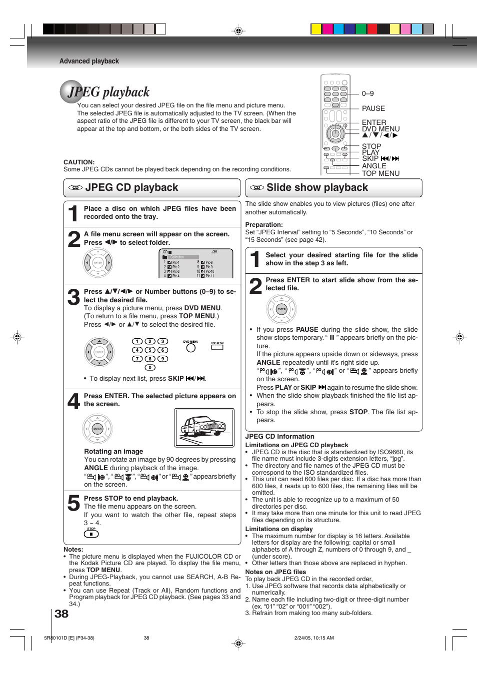 Jpeg playback, Jpeg cd playback slide show playback | Toshiba MD13Q41 User Manual | Page 38 / 52