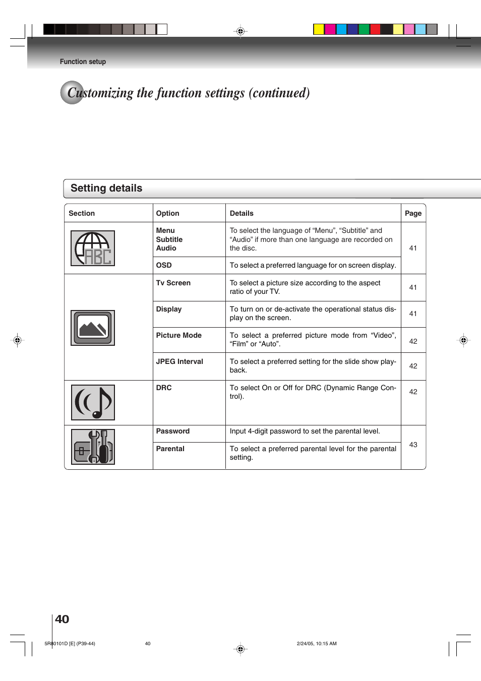 Customizing the function settings (continued), Setting details | Toshiba MD13Q41 User Manual | Page 40 / 52