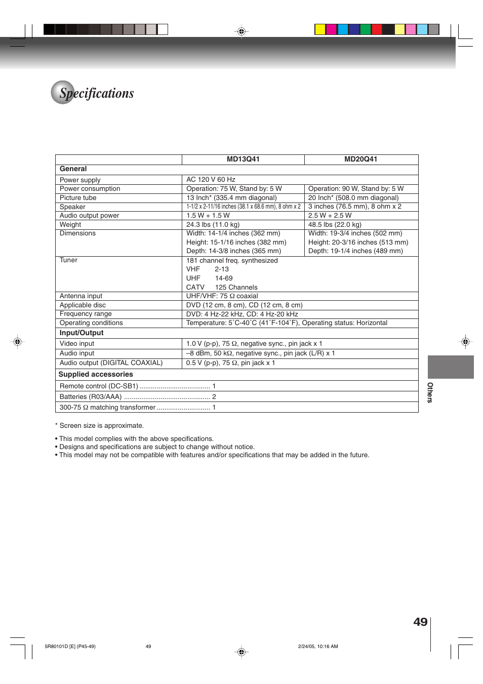 Specifications | Toshiba MD13Q41 User Manual | Page 49 / 52