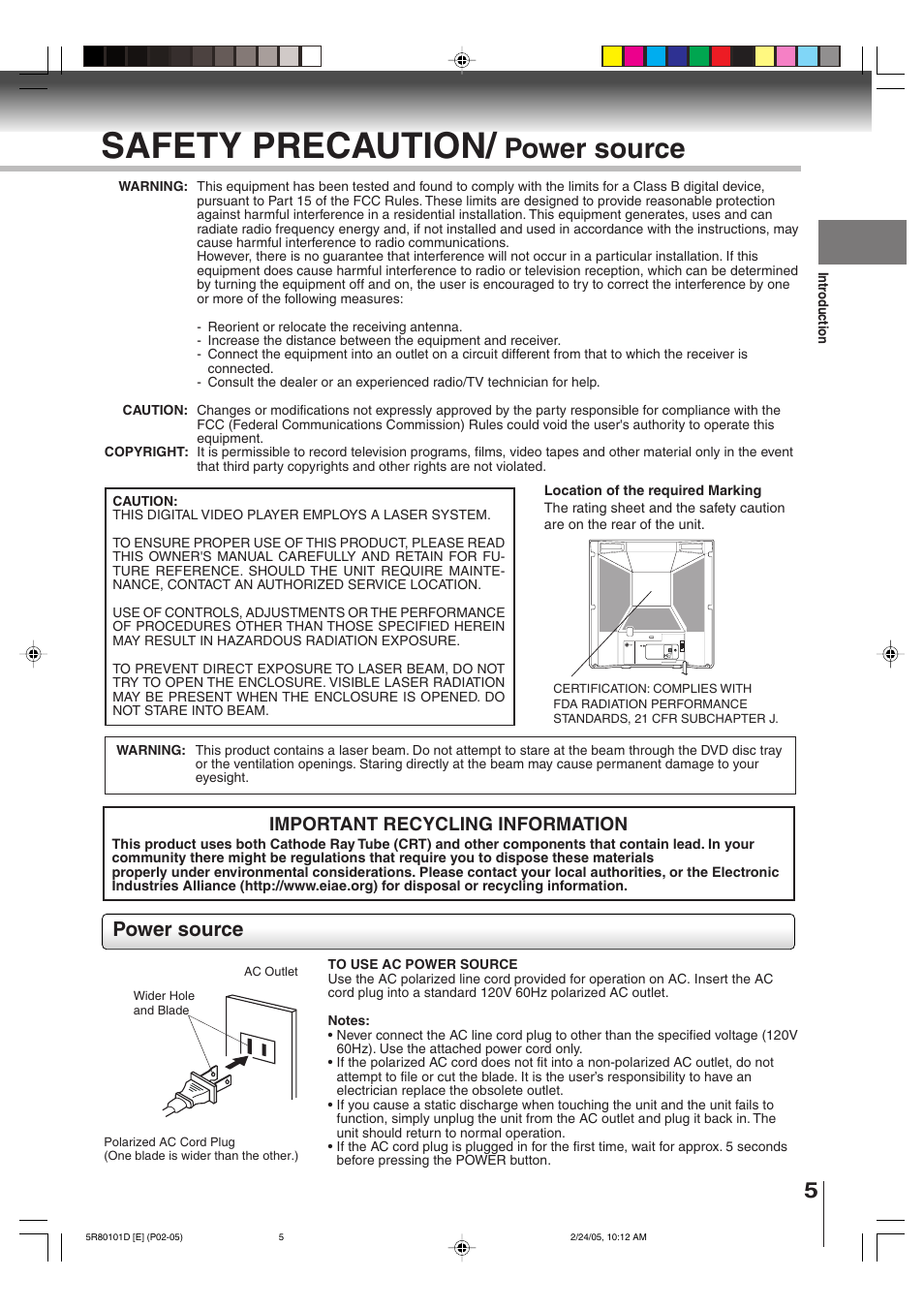 Safety precaution, Power source, Important recycling information | Toshiba MD13Q41 User Manual | Page 5 / 52