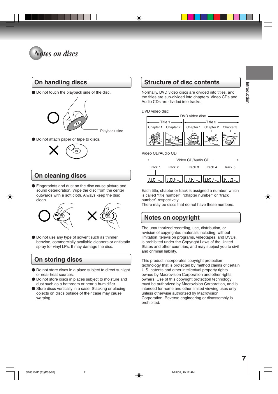 Structure of disc contents, On handling discs, On cleaning discs | On storing discs | Toshiba MD13Q41 User Manual | Page 7 / 52