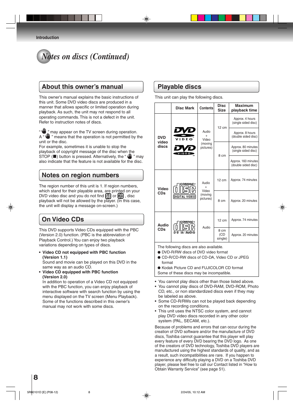 Playable discs, About this owner’s manual, On video cds | Toshiba MD13Q41 User Manual | Page 8 / 52