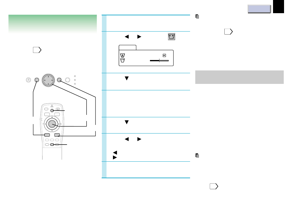 Keystone correction - keystone, Keystone correction – keystone, Utton | Press . press or to correct the distortion, Press menu | Toshiba TLP681U User Manual | Page 30 / 54