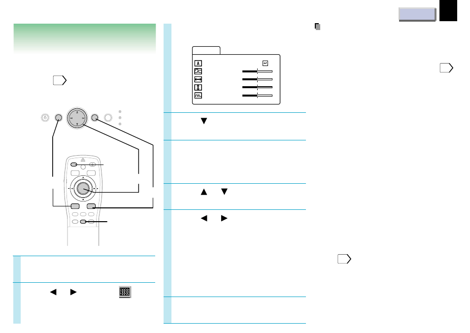 Projection adjustments - image, Projection adjustments – image, Press to select “auto sync.” press enter | Press menu, Press menu to display the menu. press or to select | Toshiba TLP681U User Manual | Page 31 / 54