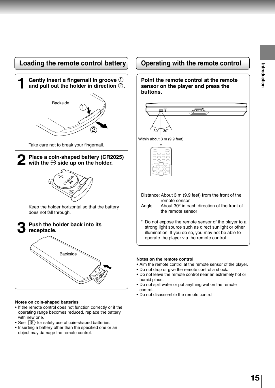 Operating with the remote control, Loading the remote control battery | Toshiba SD-P1850SN User Manual | Page 15 / 72