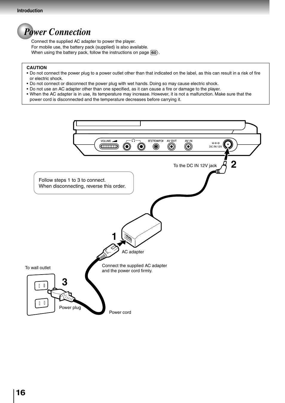 21 3 power connection | Toshiba SD-P1850SN User Manual | Page 16 / 72