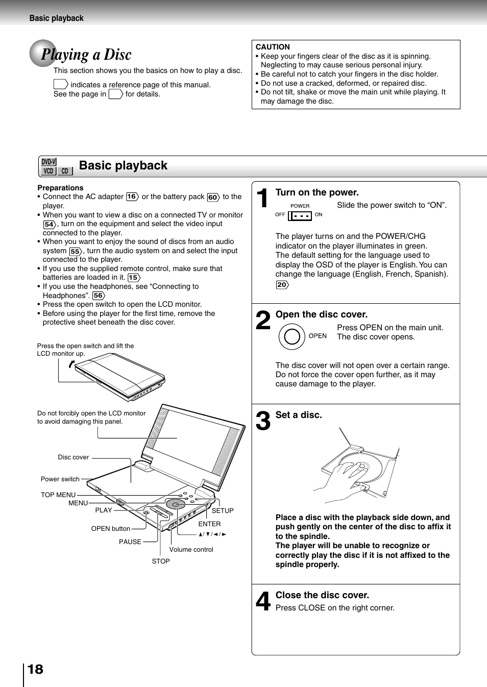 Playing a disc, Basic playback | Toshiba SD-P1850SN User Manual | Page 18 / 72