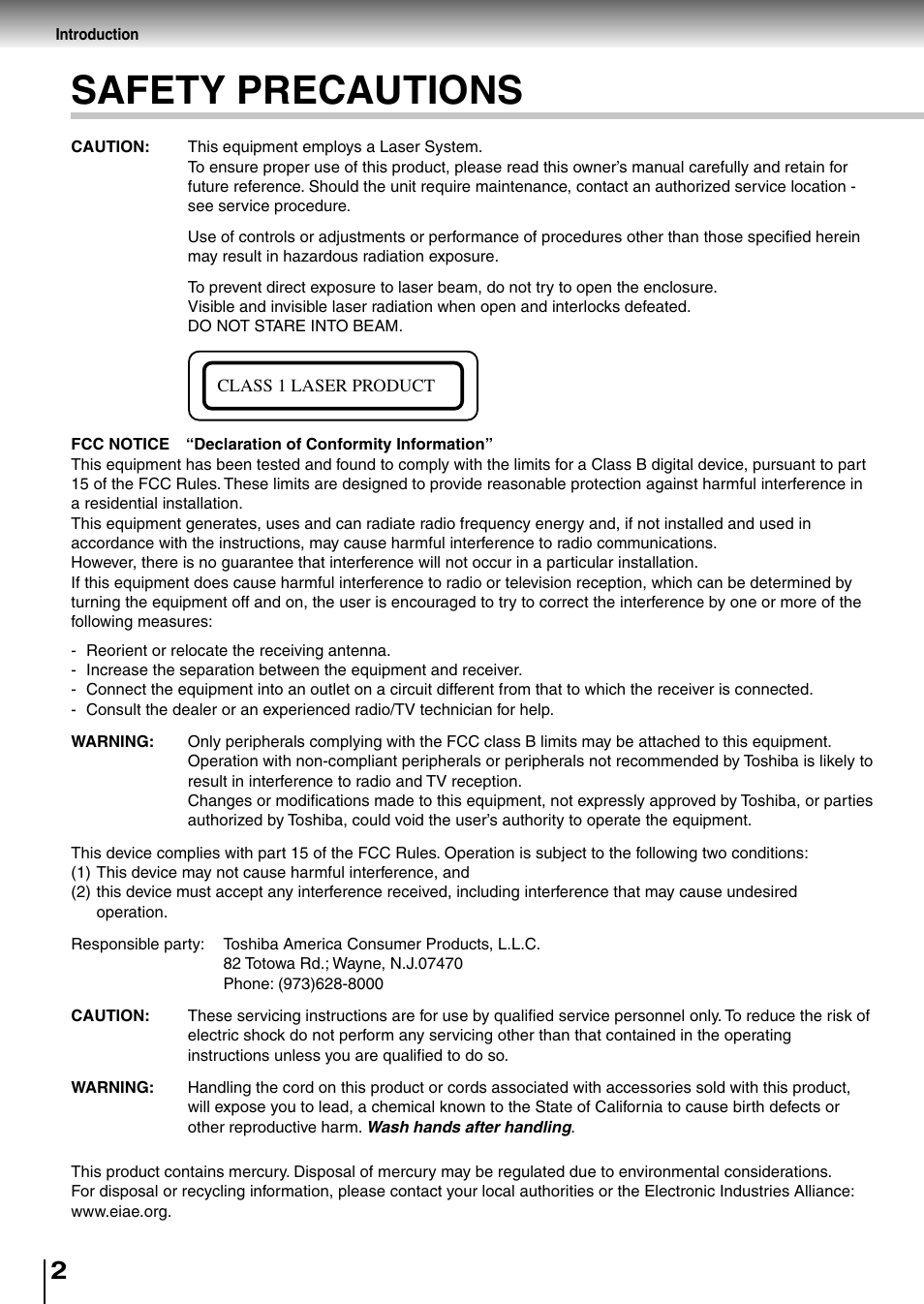 Safety precautions | Toshiba SD-P1850SN User Manual | Page 2 / 72