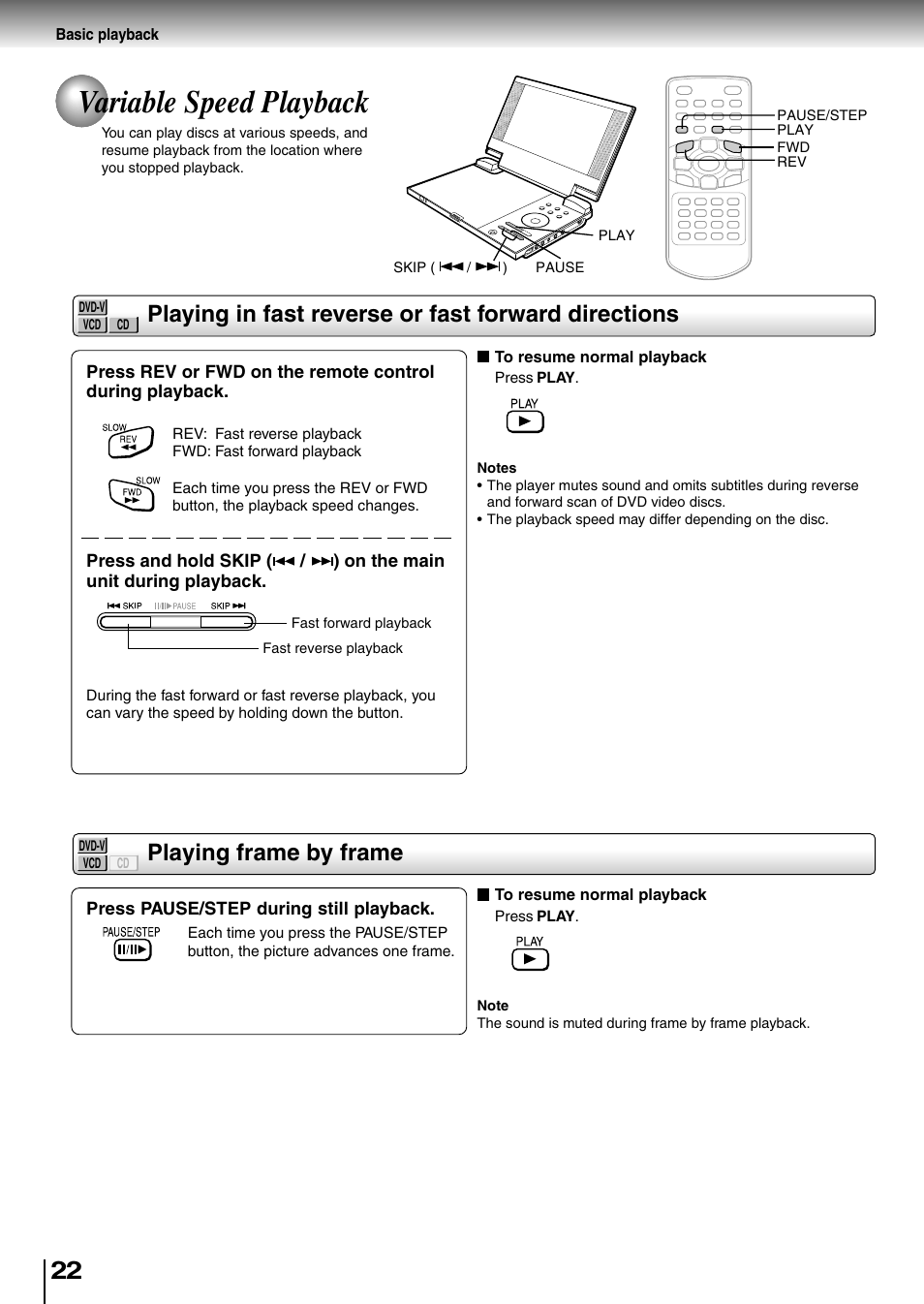 Variable speed playback, Playing frame by frame, Playing in fast reverse or fast forward directions | Toshiba SD-P1850SN User Manual | Page 22 / 72