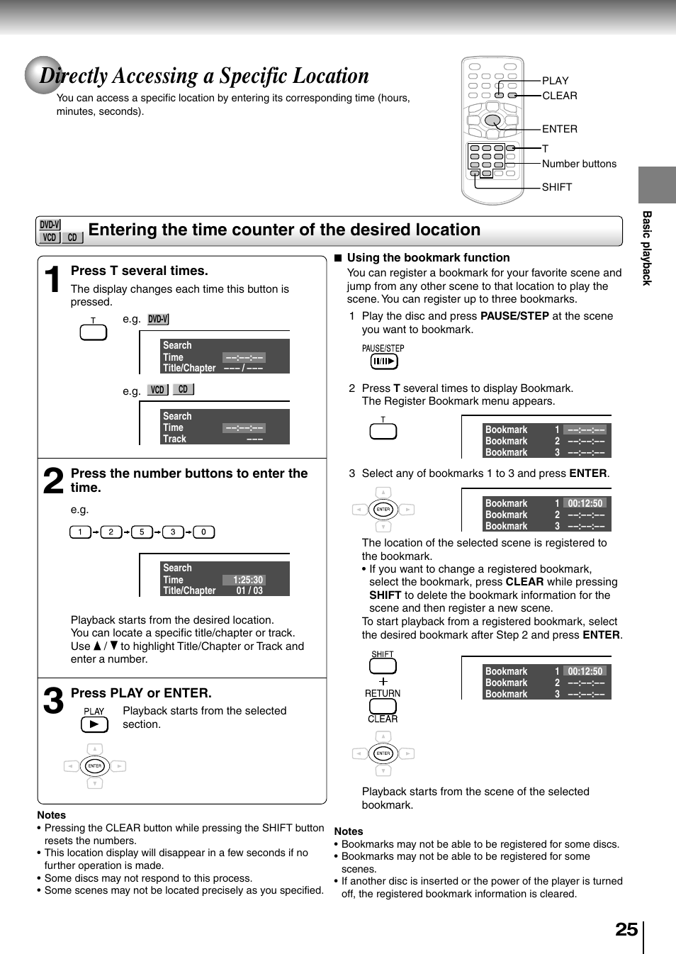 Directly accessing a specific location, Entering the time counter of the desired location | Toshiba SD-P1850SN User Manual | Page 25 / 72