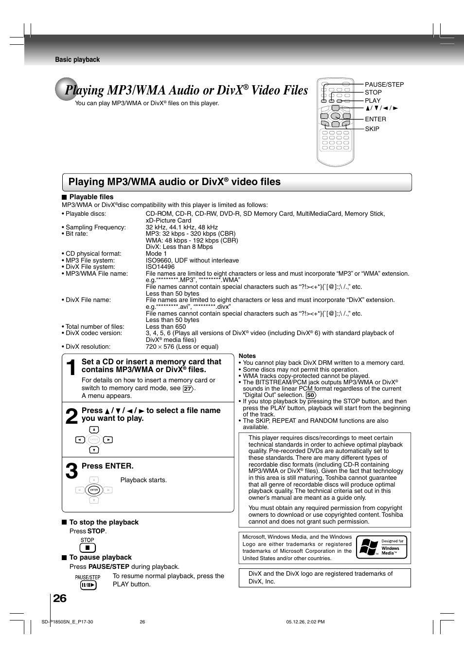 Playing mp3/wma audio or divx, Video files | Toshiba SD-P1850SN User Manual | Page 26 / 72