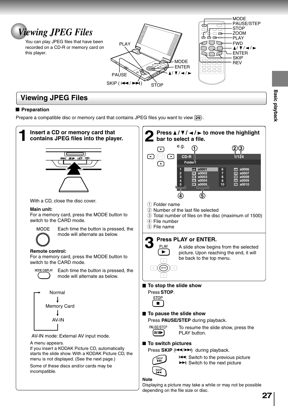 Viewing jpeg files | Toshiba SD-P1850SN User Manual | Page 27 / 72