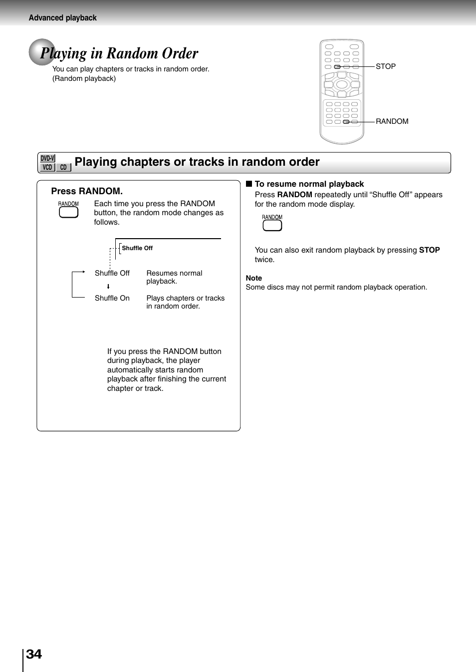 Playing in random order, Playing chapters or tracks in random order | Toshiba SD-P1850SN User Manual | Page 34 / 72