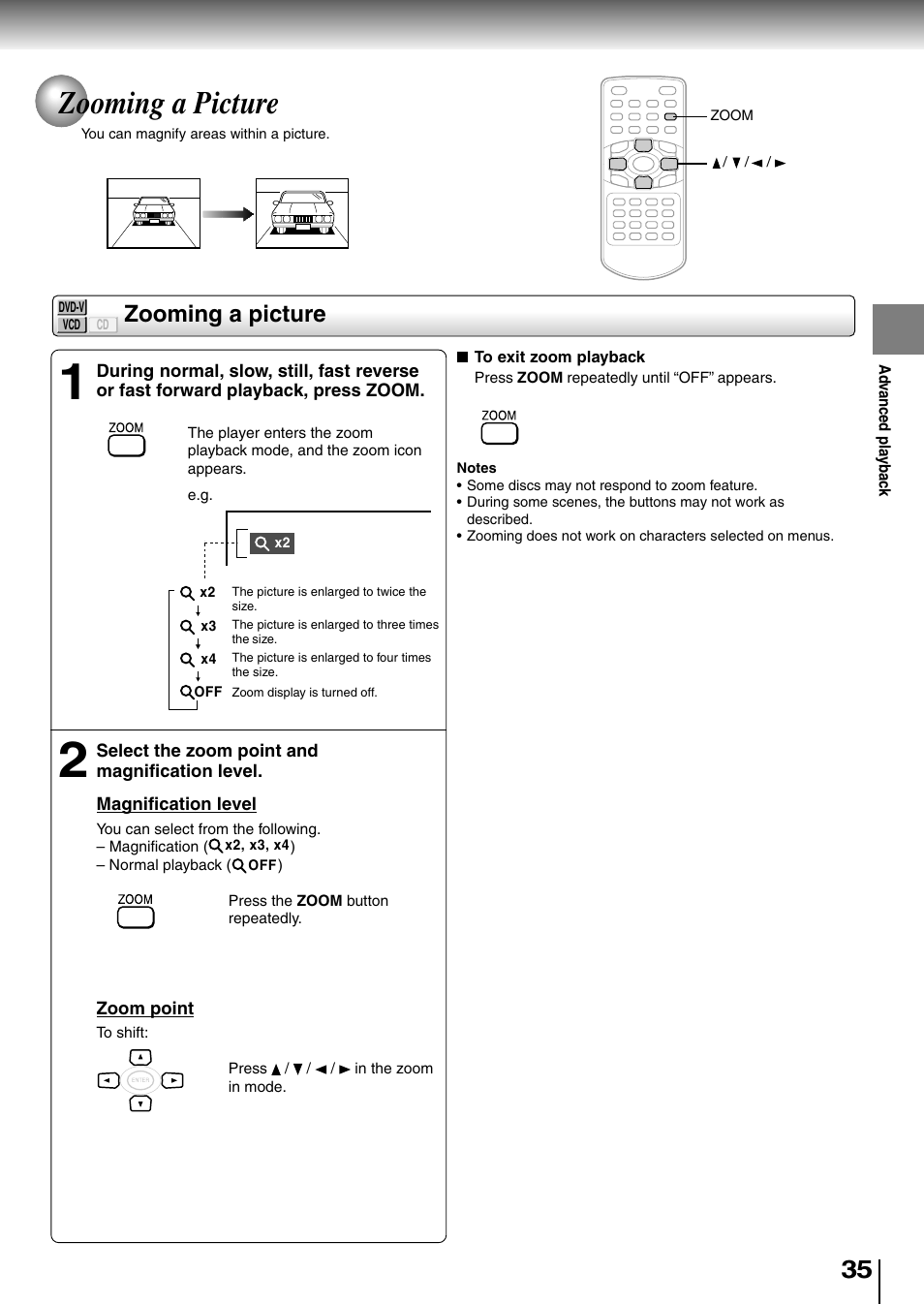 Zooming a picture | Toshiba SD-P1850SN User Manual | Page 35 / 72