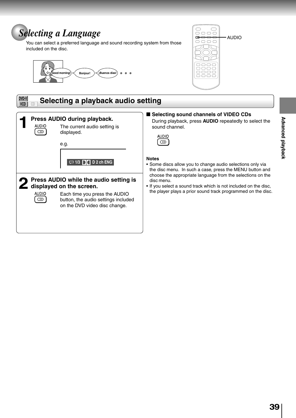 Selecting a language, Selecting a playback audio setting | Toshiba SD-P1850SN User Manual | Page 39 / 72