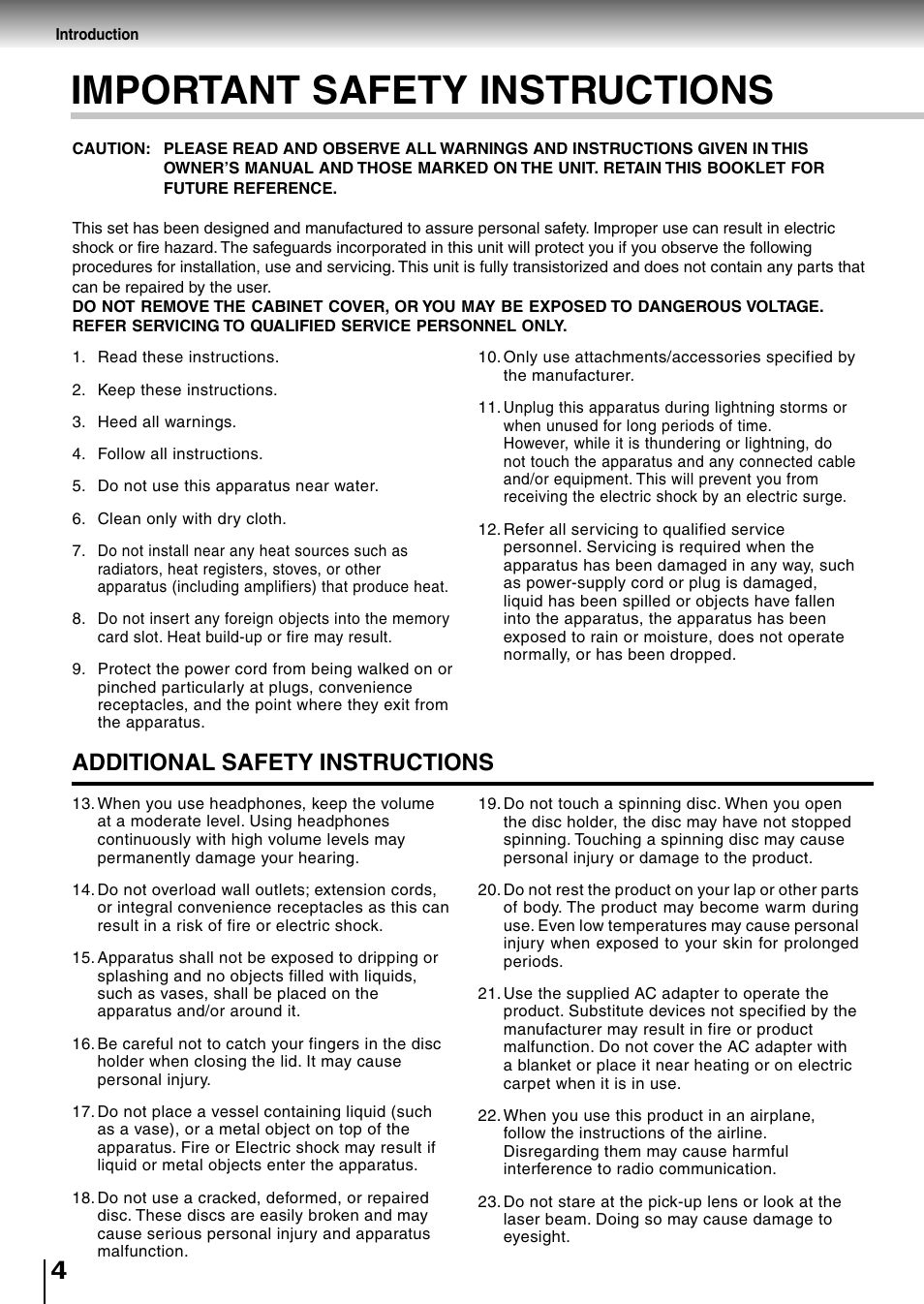 Important safety instructions, Additional safety instructions | Toshiba SD-P1850SN User Manual | Page 4 / 72