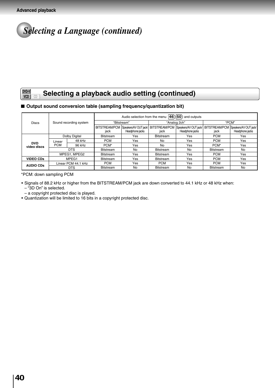 Selecting a language (continued), Selecting a playback audio setting (continued), Advanced playback | Toshiba SD-P1850SN User Manual | Page 40 / 72