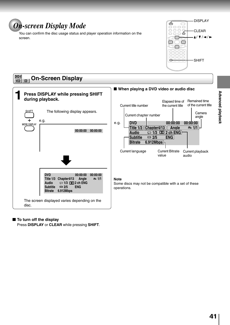 On-screen display mode, On-screen display | Toshiba SD-P1850SN User Manual | Page 41 / 72