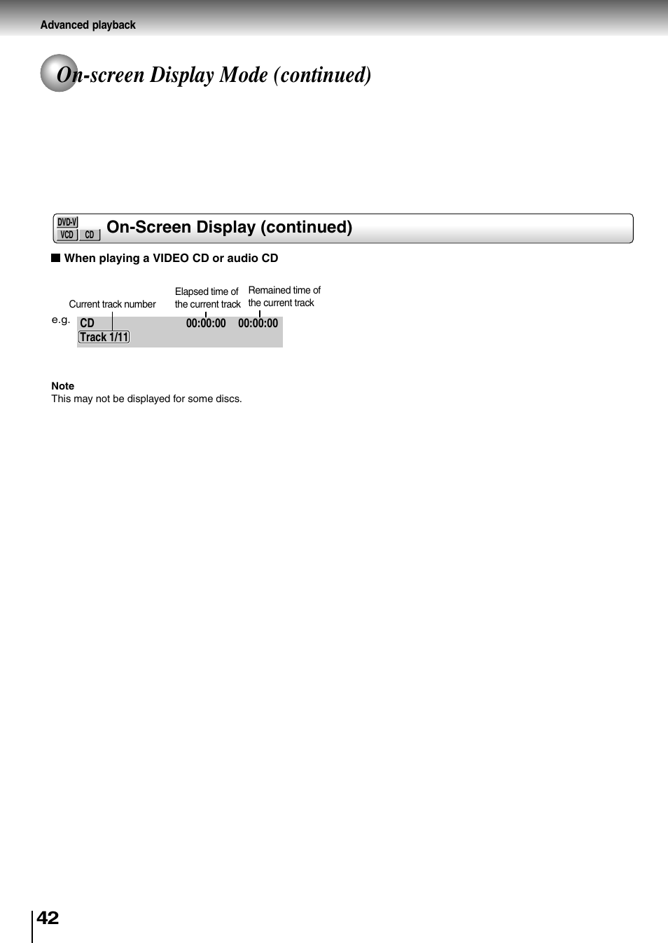 On-screen display mode (continued), On-screen display (continued) | Toshiba SD-P1850SN User Manual | Page 42 / 72