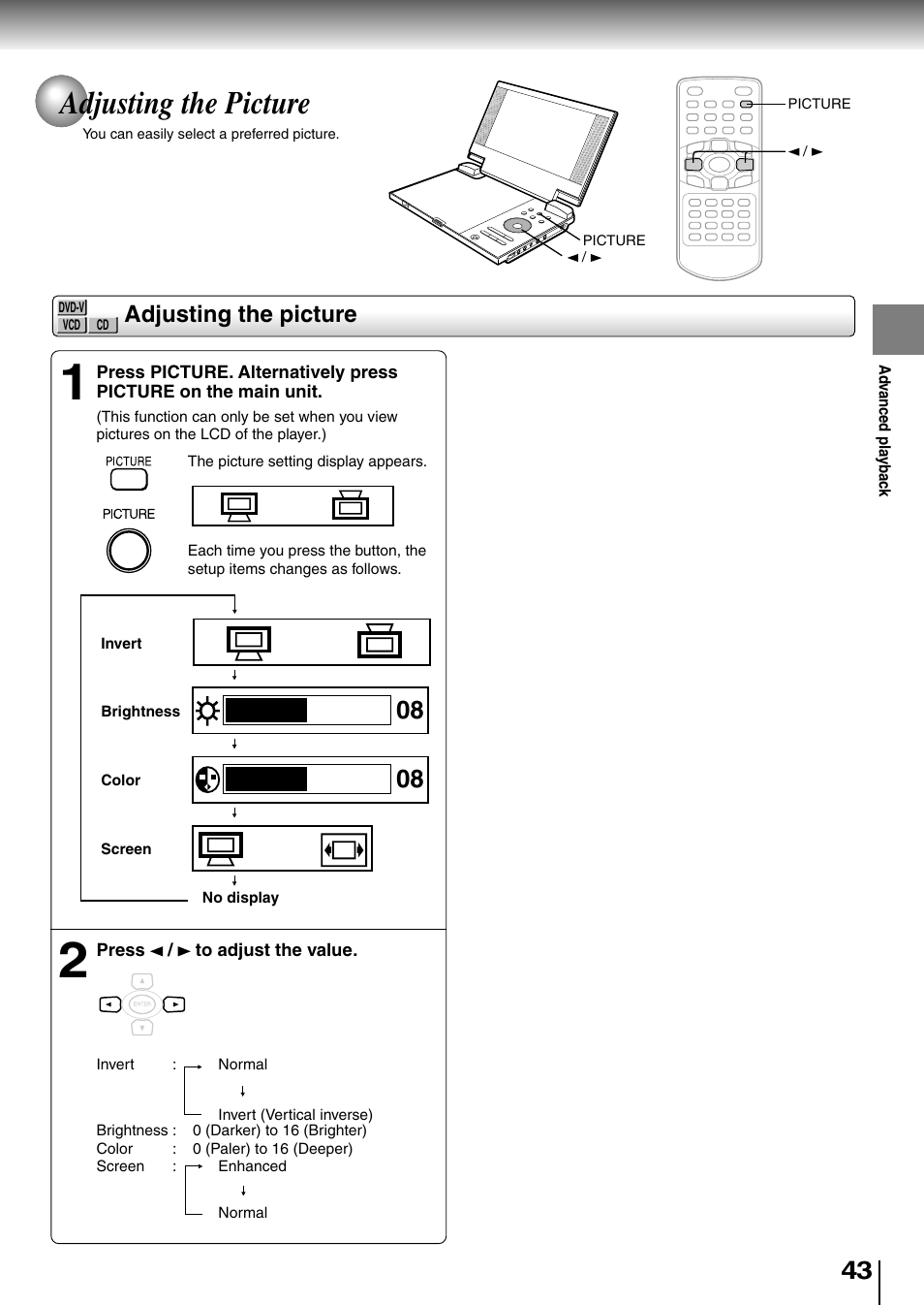 Adjusting the picture | Toshiba SD-P1850SN User Manual | Page 43 / 72