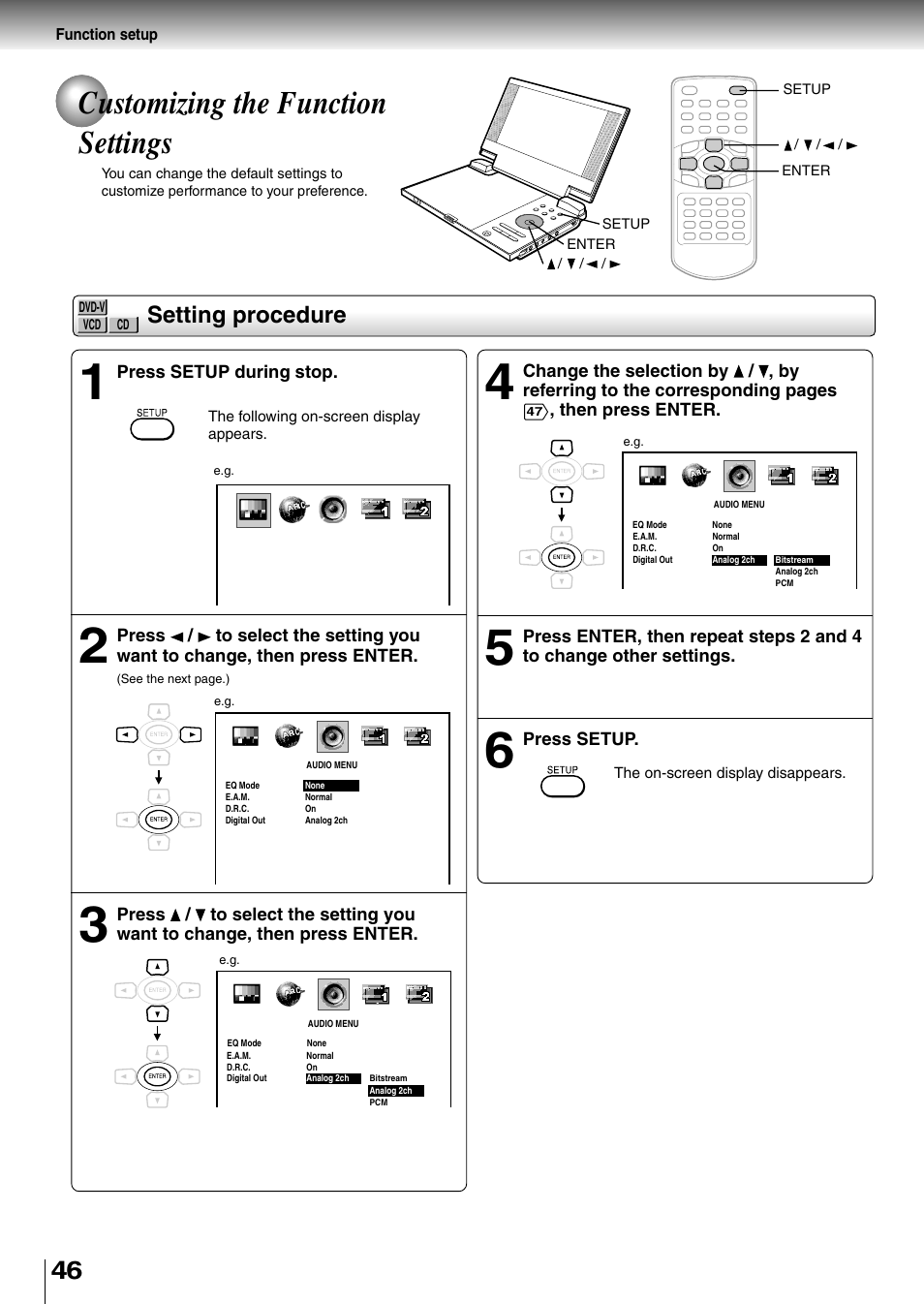 Customizing the function settings, Setting procedure | Toshiba SD-P1850SN User Manual | Page 46 / 72
