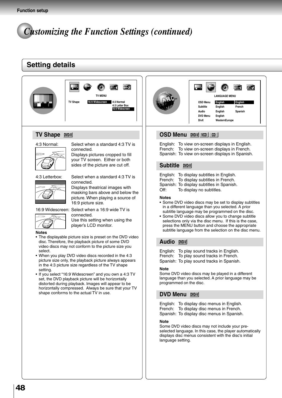 Customizing the function settings (continued), Setting details, Osd menu | Subtitle, Audio, Dvd menu, Tv shape | Toshiba SD-P1850SN User Manual | Page 48 / 72