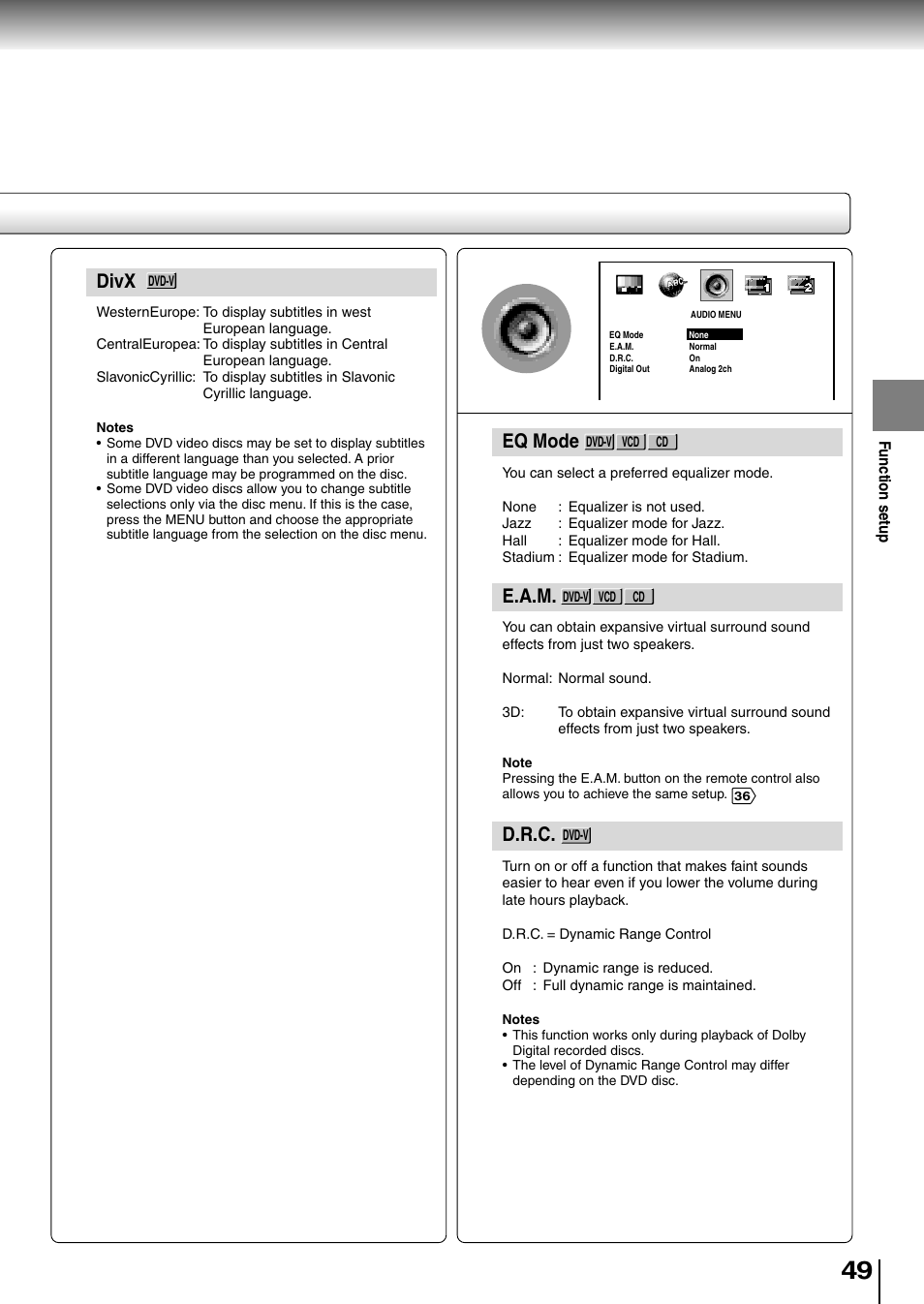 Eq mode, E.a.m, D.r.c | Divx | Toshiba SD-P1850SN User Manual | Page 49 / 72