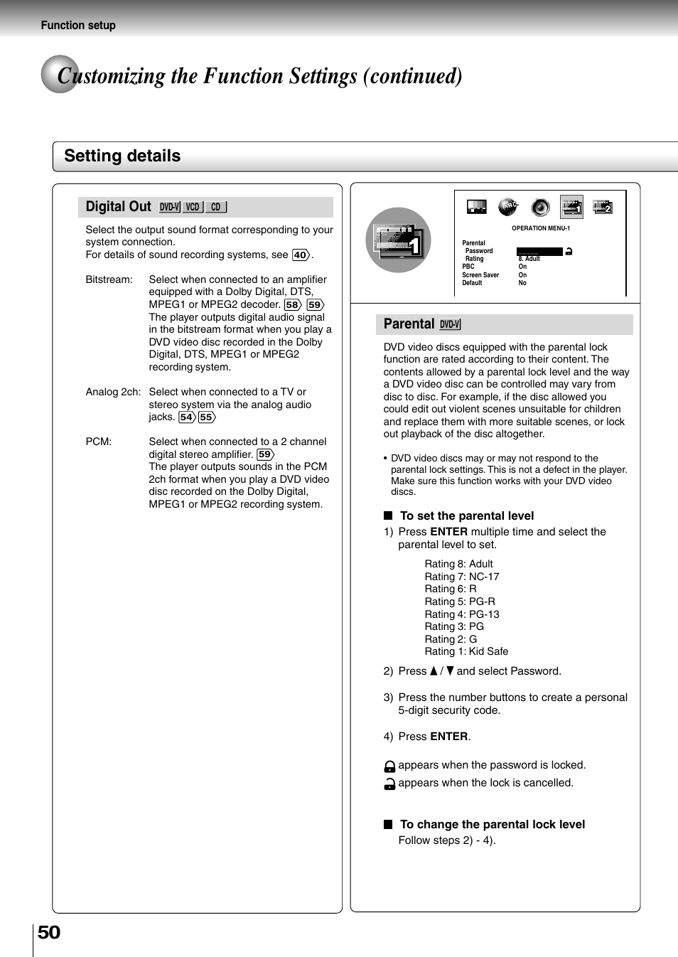 Customizing the function settings (continued), Setting details, Parental | Digital out | Toshiba SD-P1850SN User Manual | Page 50 / 72