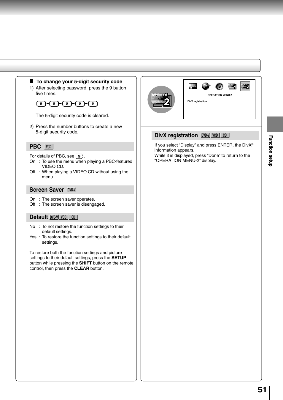 Divx registration, Screen saver, Default | Toshiba SD-P1850SN User Manual | Page 51 / 72
