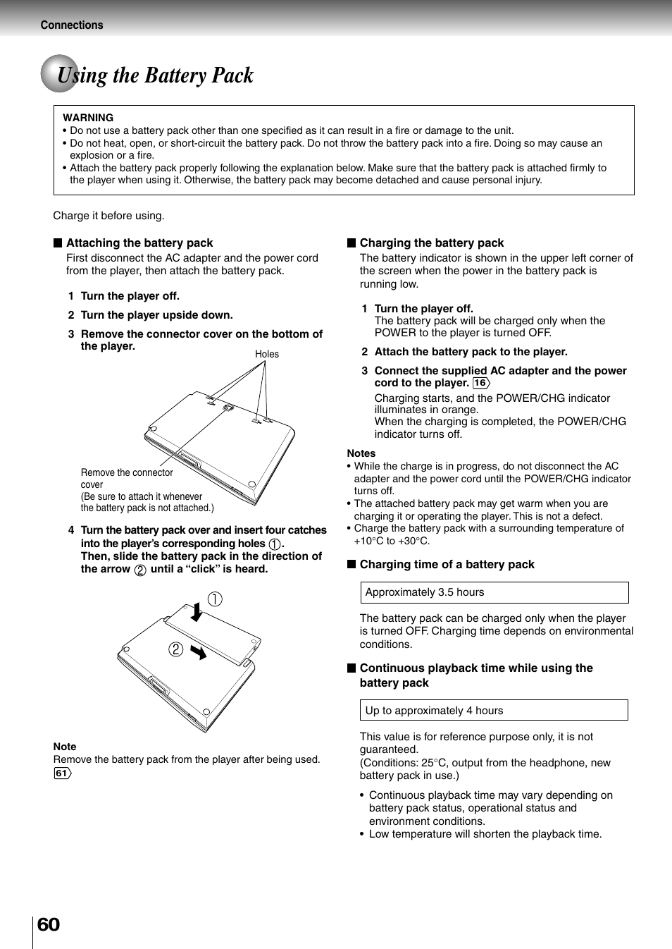 Using the battery pack | Toshiba SD-P1850SN User Manual | Page 60 / 72