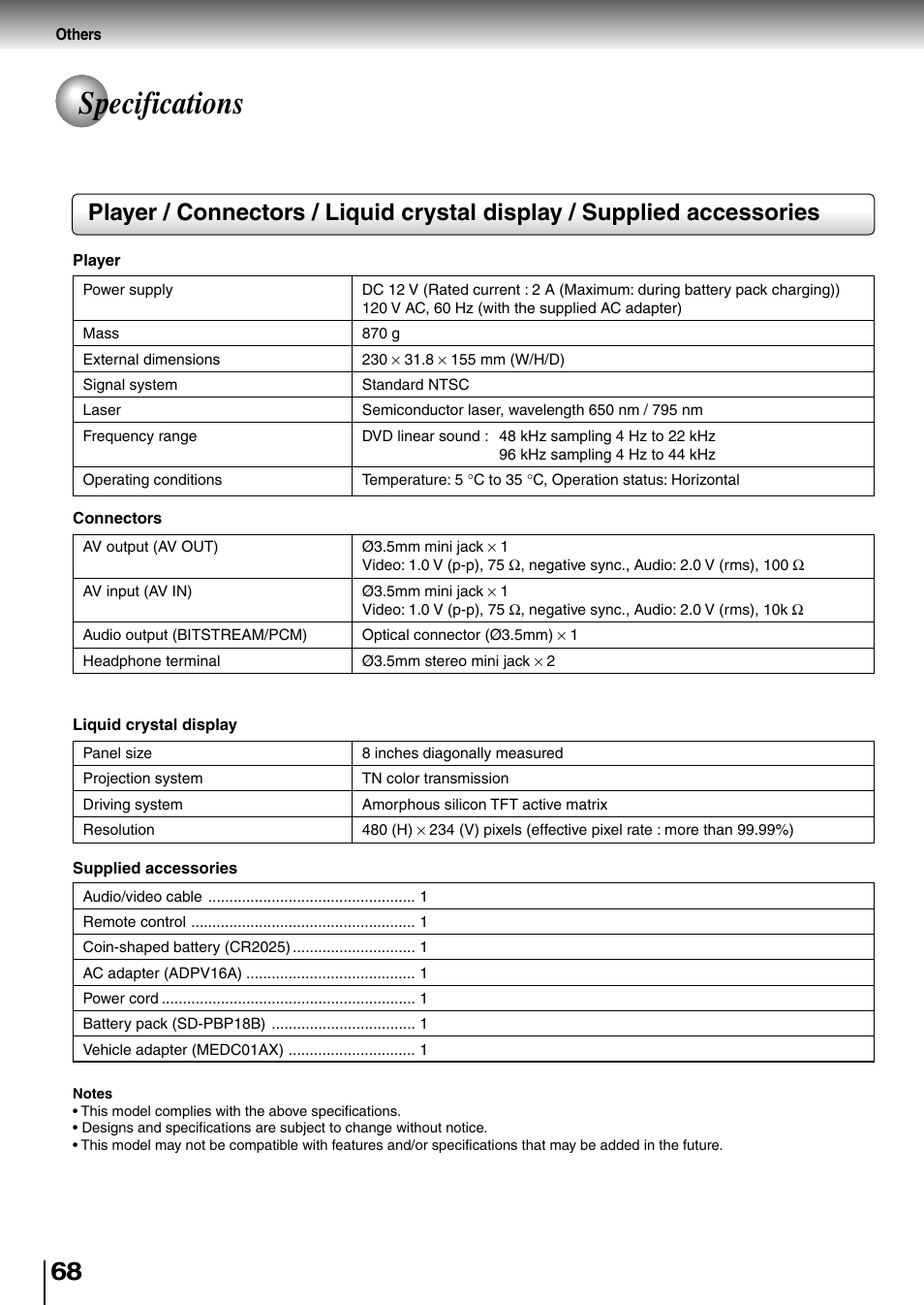 Specifications | Toshiba SD-P1850SN User Manual | Page 68 / 72