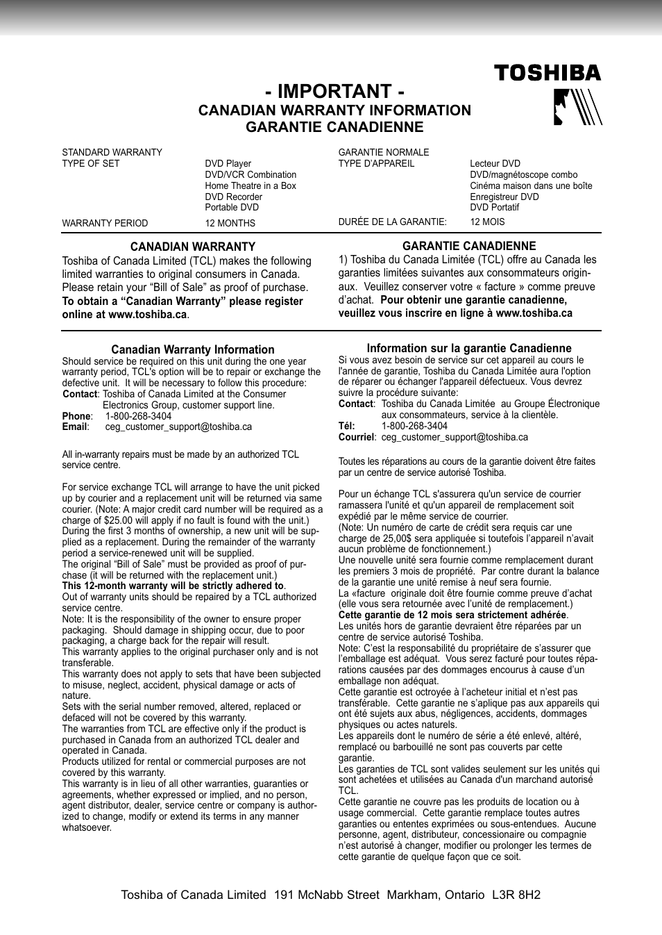 Important, Canadian warranty information garantie canadienne | Toshiba SD-P1850SN User Manual | Page 71 / 72