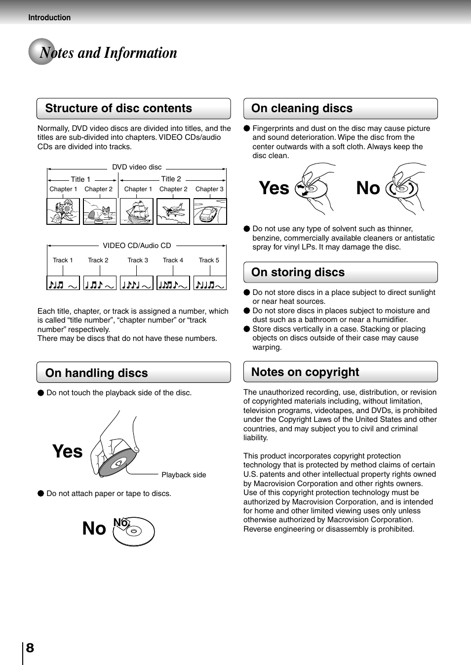 Yes no, Structure of disc contents, On handling discs | On cleaning discs, On storing discs | Toshiba SD-P1850SN User Manual | Page 8 / 72