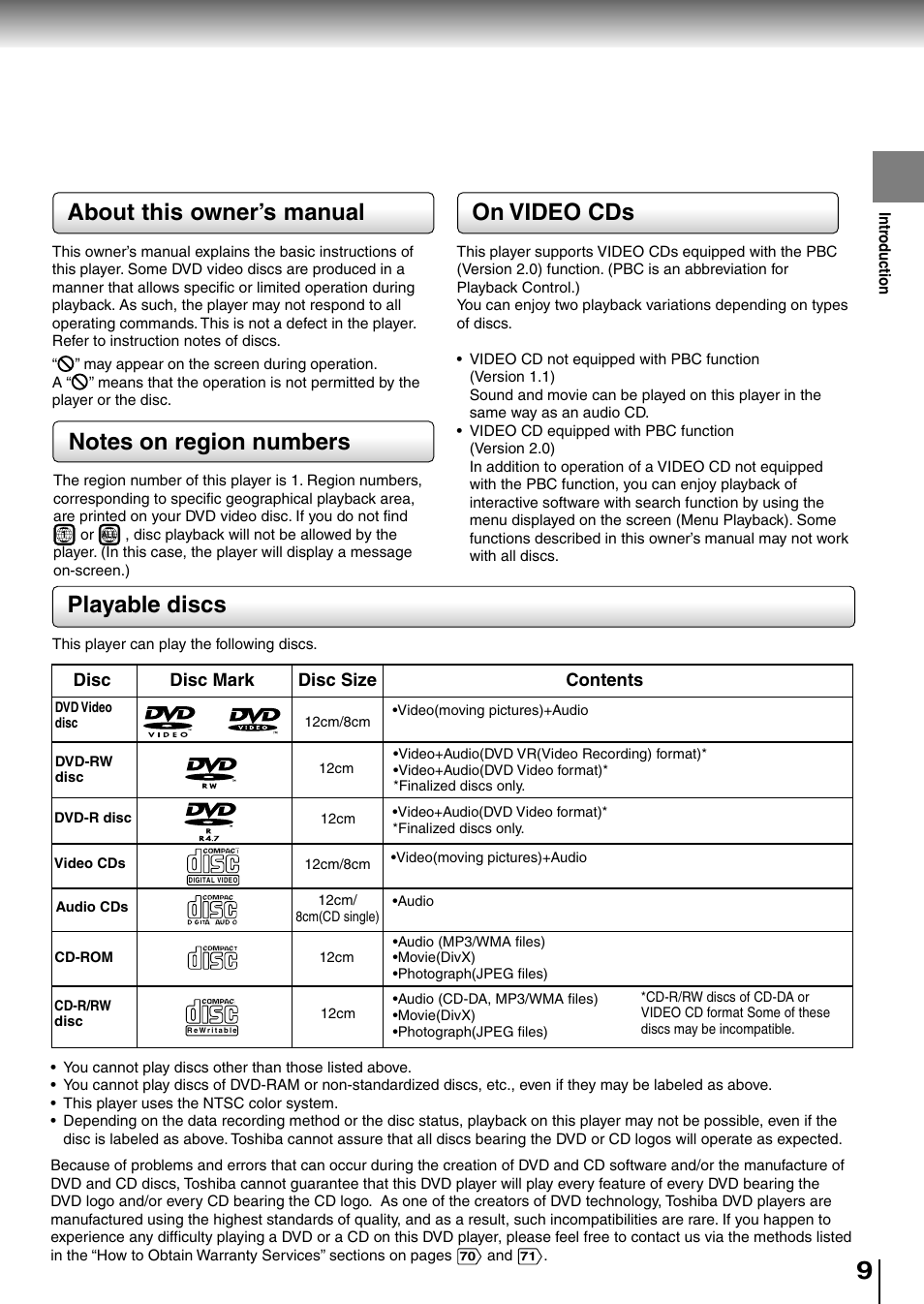 Playable discs, About this owner’s manual, On video cds | Toshiba SD-P1850SN User Manual | Page 9 / 72